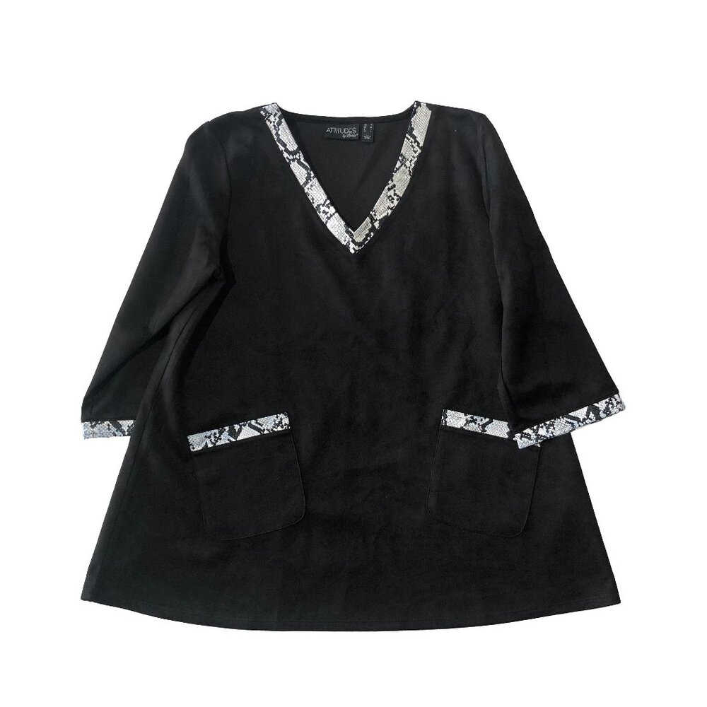 Attitudes by Renee Womens Black M Faux Suede Snake Trim 3/4 Sleeve Loose Top